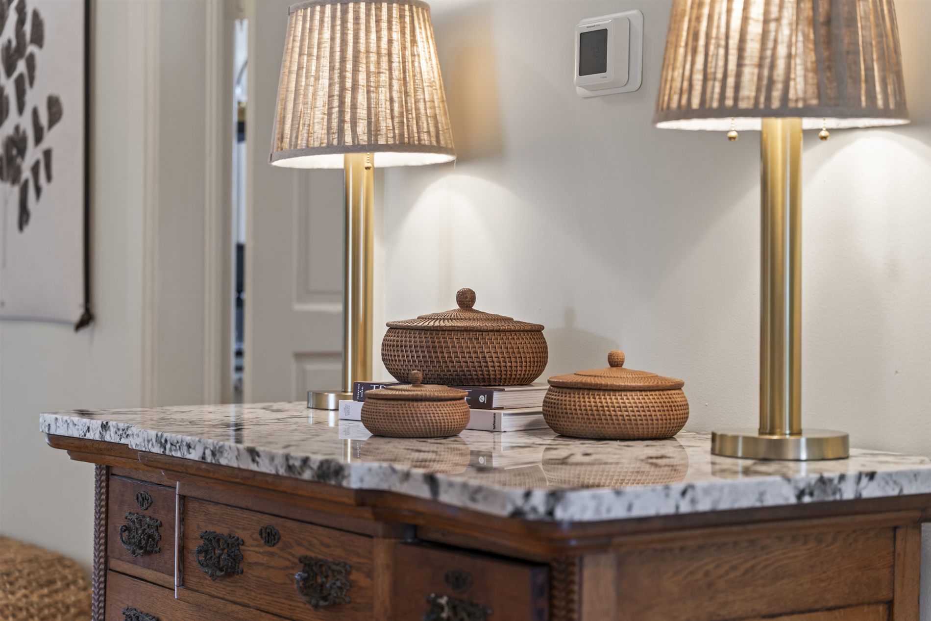 A spa-inspired bath with a marble vanity